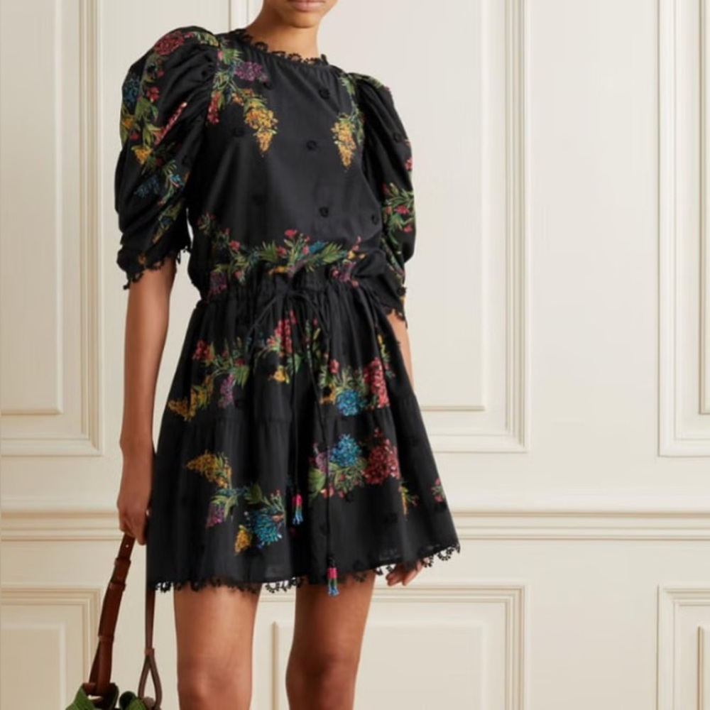 FARM Rio Black Floral Puff Sleeve Dress